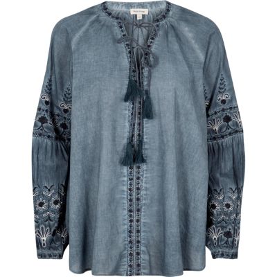 Denim embroidered blouse